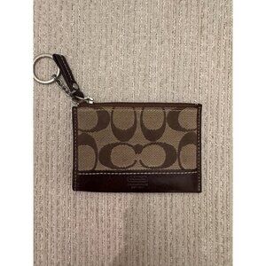 COACH Brown Signature Logo Leather Canvas Zip Wallet Keychain